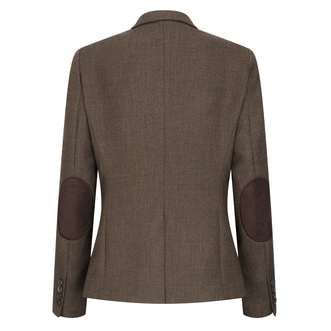 TPW-AK-06 - Traje de tres piezas de tweed con estampado de espiga para mujer, color marrón.
