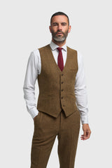 Thomas - Traje de tres piezas de tweed de mezcla de lana marrón para hombre