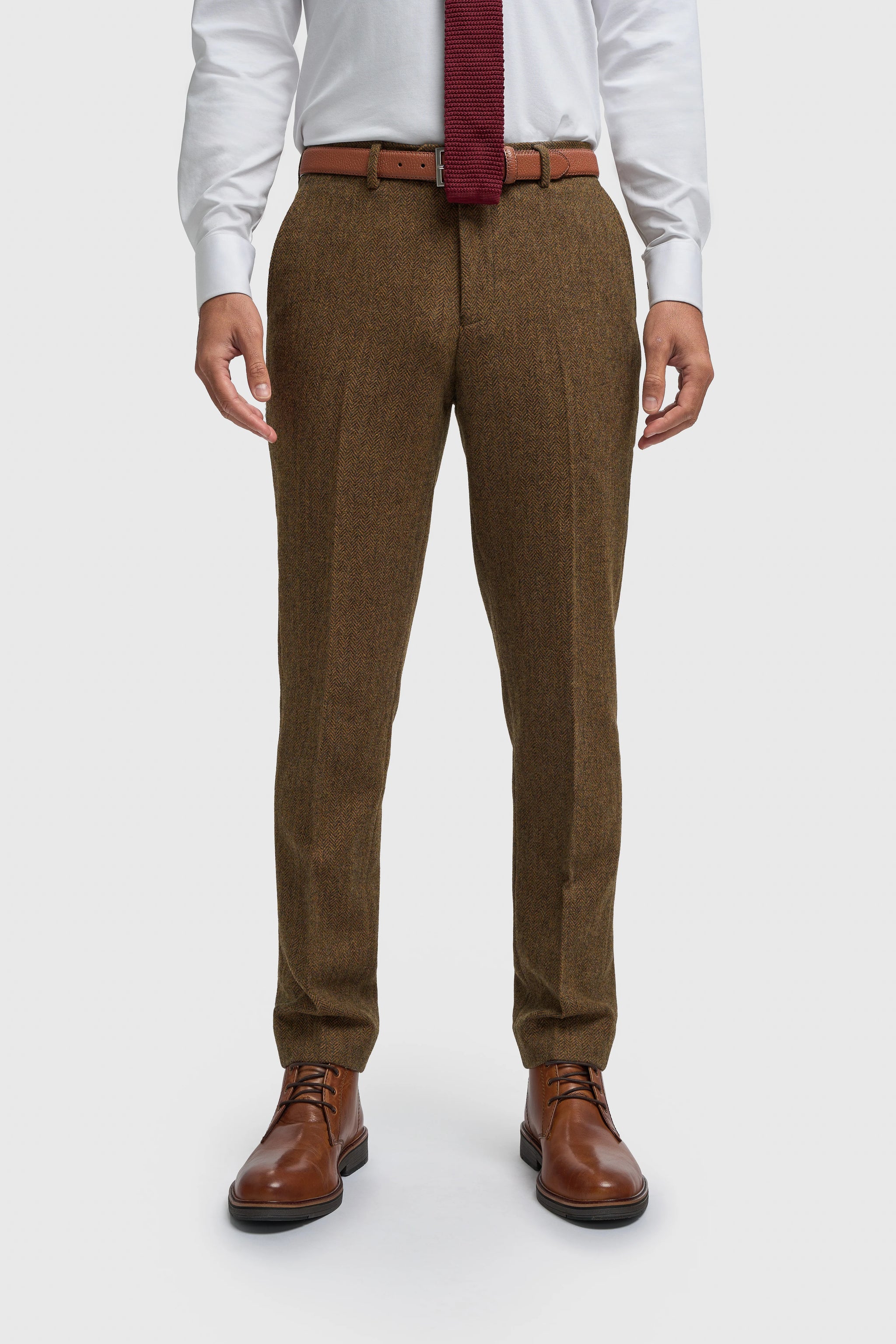 Thomas - Traje de tres piezas de tweed de mezcla de lana marrón para hombre
