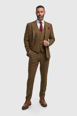 Thomas - Traje de tres piezas de tweed de mezcla de lana marrón para hombre