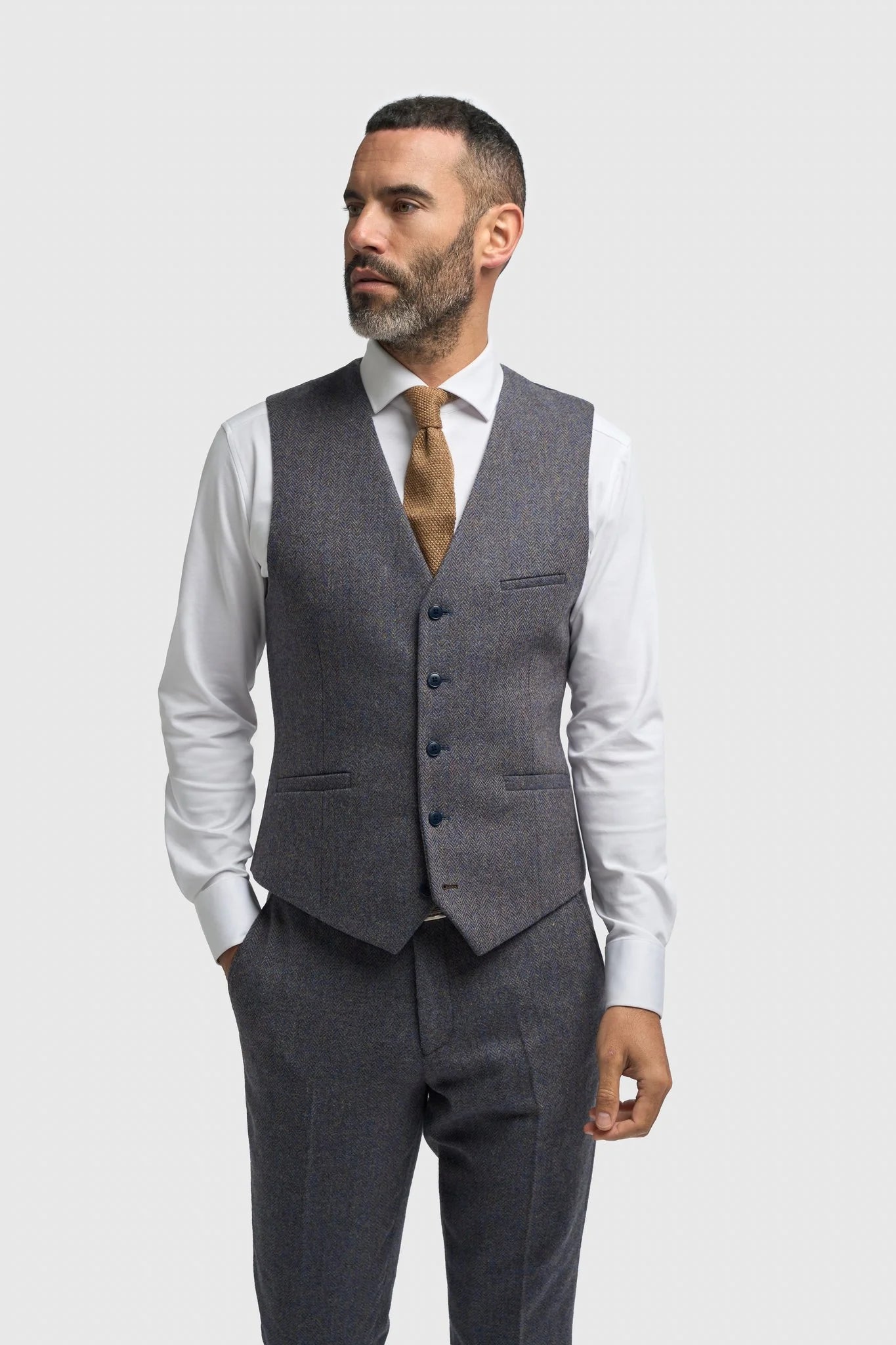 Thomas - Traje de tres piezas de tweed de mezcla de lana azul marino para hombre