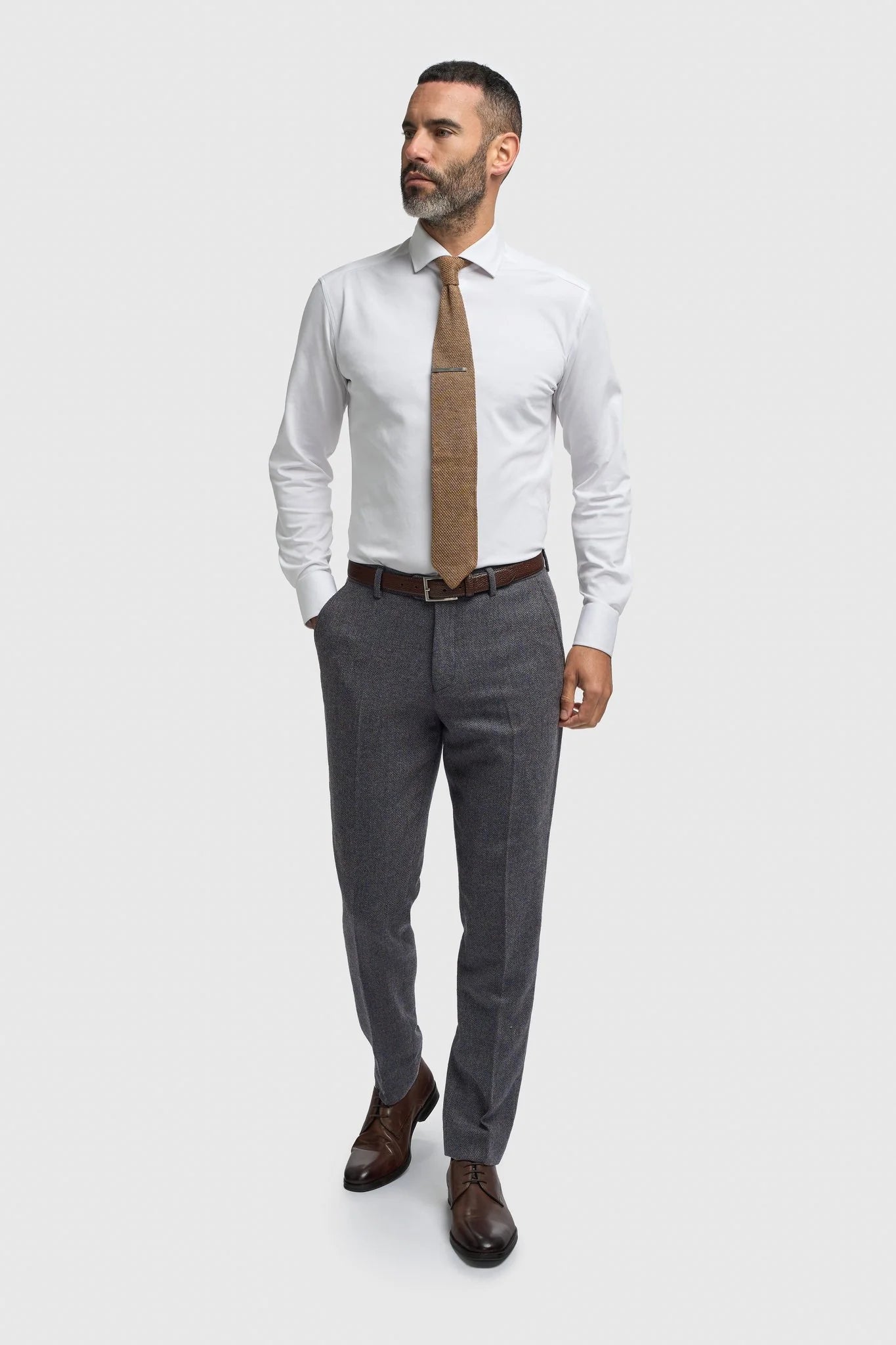 Thomas - Traje de tres piezas de tweed de mezcla de lana azul marino para hombre
