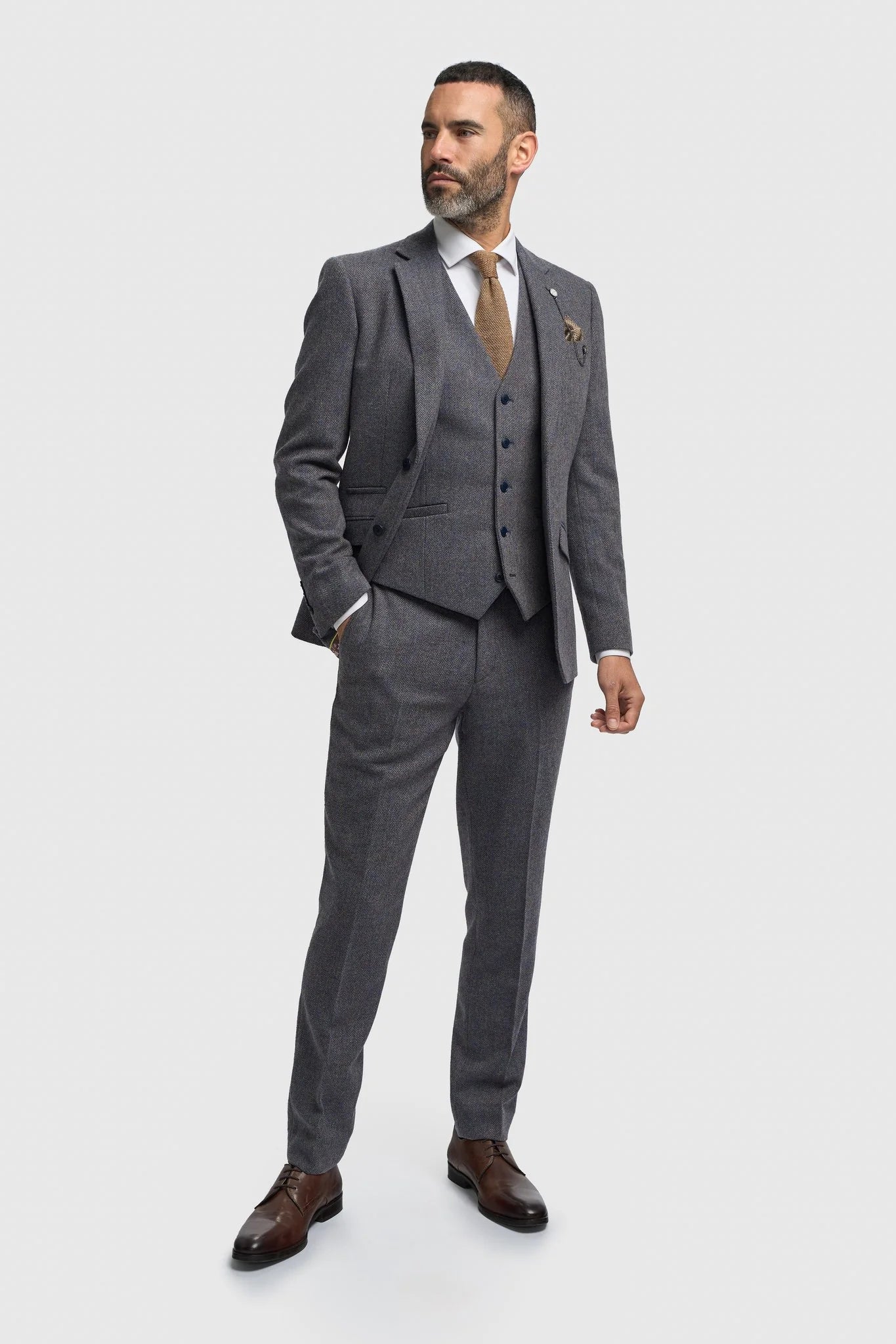 Thomas - Traje de tres piezas de tweed de mezcla de lana azul marino para hombre