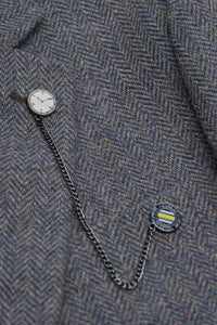 Thomas - Traje de tres piezas de tweed de mezcla de lana azul marino para hombre