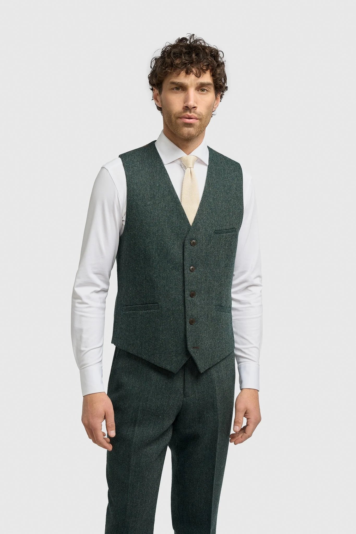 Thomas - Traje de 3 piezas de tweed de mezcla de lana verde oliva