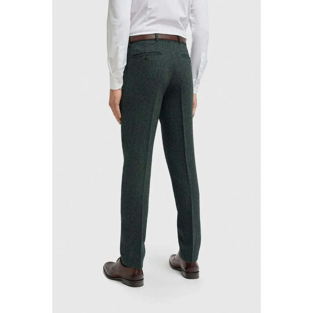 Thomas - Pantalones de hombre de tweed de espiga de mezcla de lana color oliva