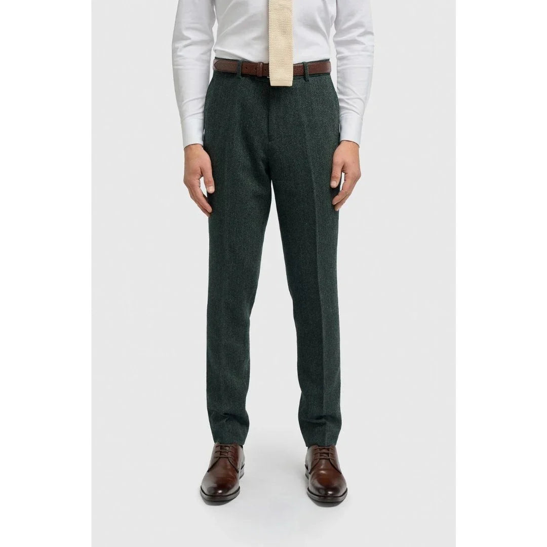 Thomas - Pantalones de hombre de tweed de espiga de mezcla de lana color oliva