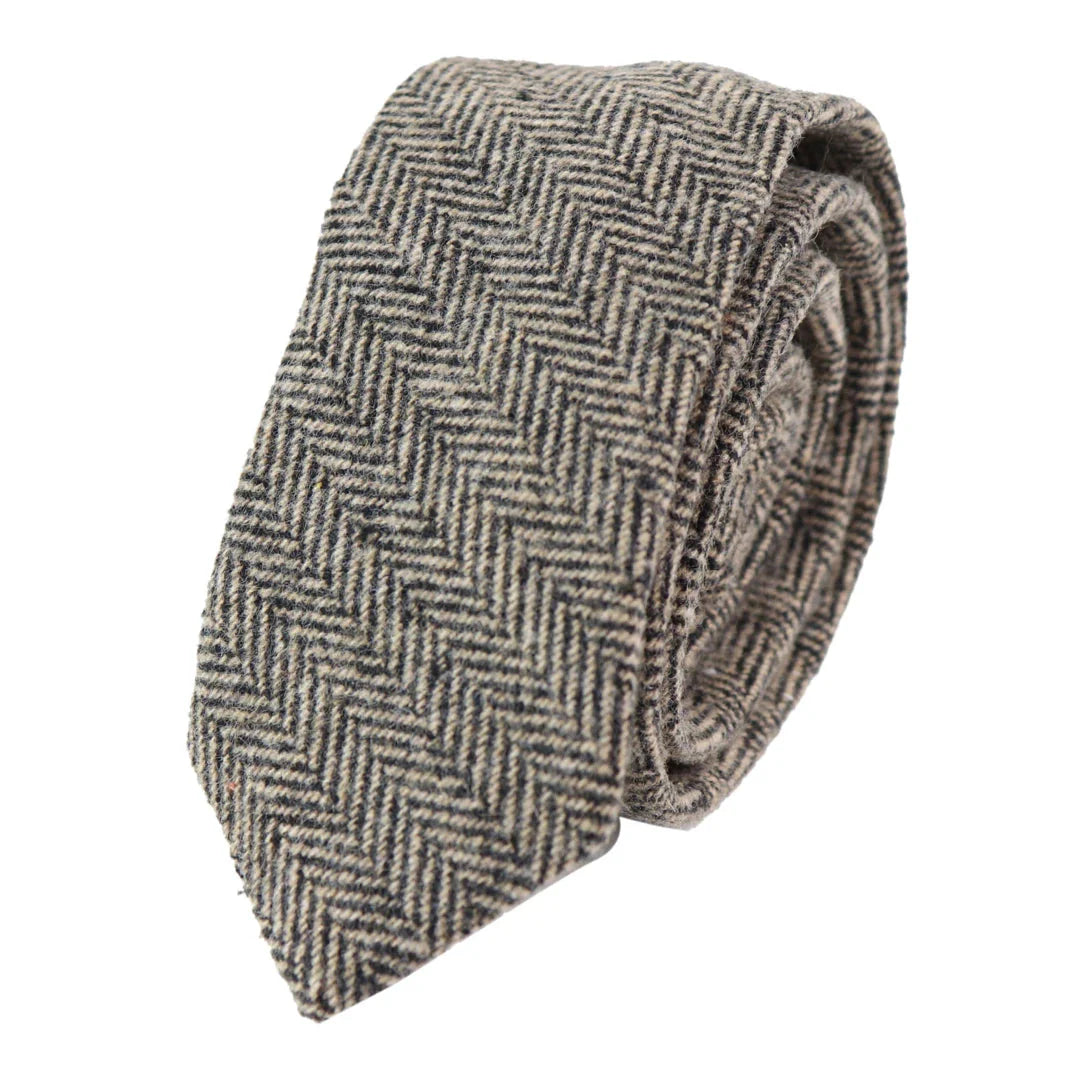 281 - Corbata y pañuelo de lana tweed de espiga color roble para hombre de 2"
