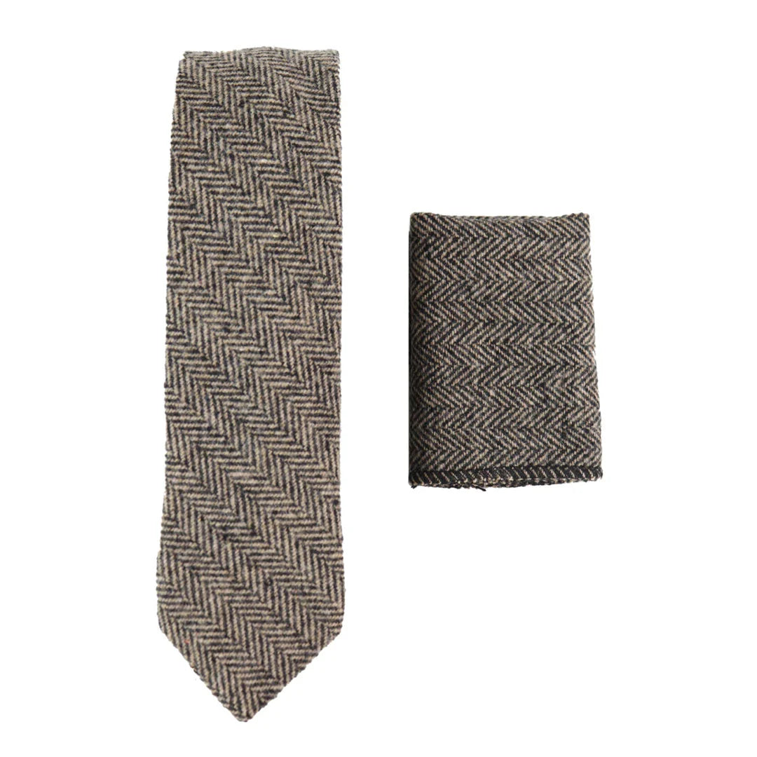 281 - Corbata y pañuelo de lana tweed de espiga color roble para hombre de 2"