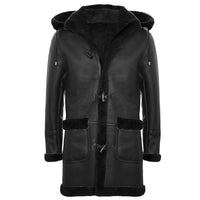 Abrigo de piel de oveja para hombre, estilo duffle, de la Segunda Guerra Mundial, con capucha de cuero de 3/4.