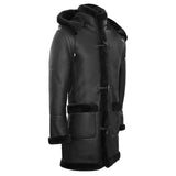 Abrigo de piel de oveja para hombre, estilo duffle, de la Segunda Guerra Mundial, con capucha de cuero de 3/4.