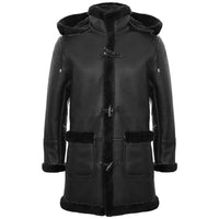 Abrigo de piel de oveja para hombre, estilo duffle, de la Segunda Guerra Mundial, con capucha de cuero de 3/4.