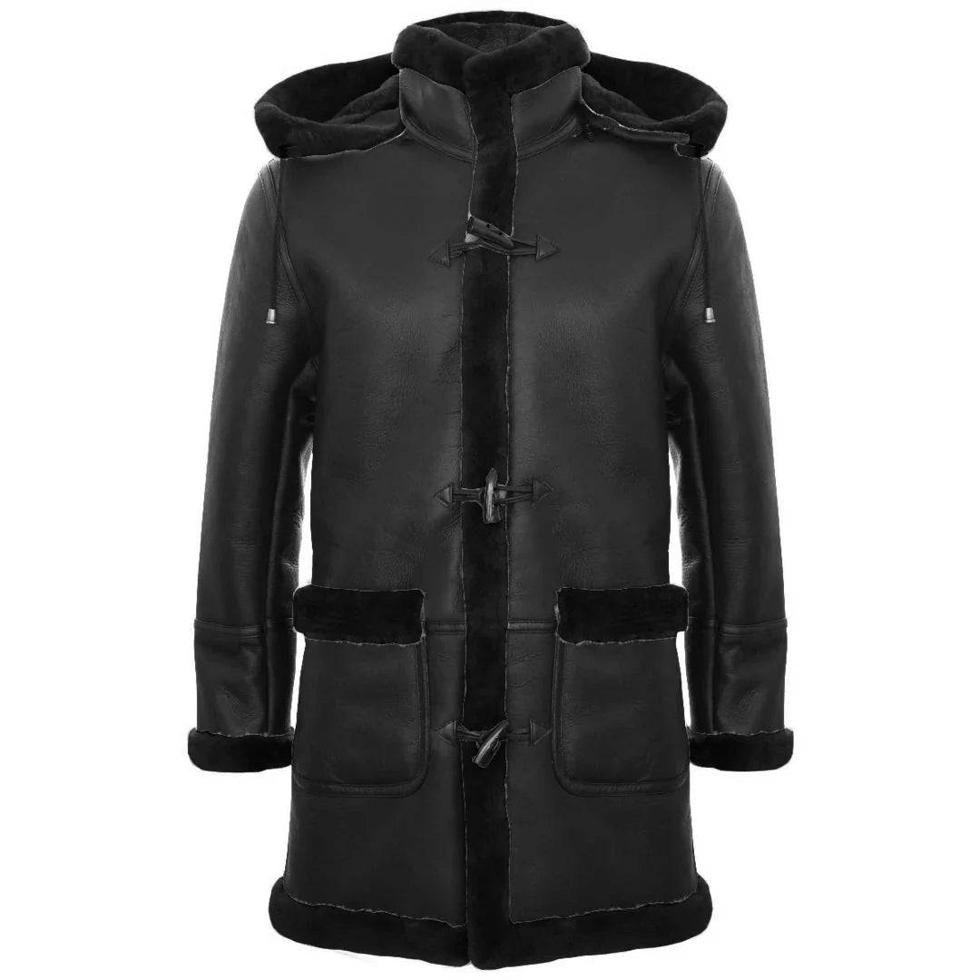 Abrigo de piel de oveja para hombre, estilo duffle, de la Segunda Guerra Mundial, con capucha de cuero de 3/4.