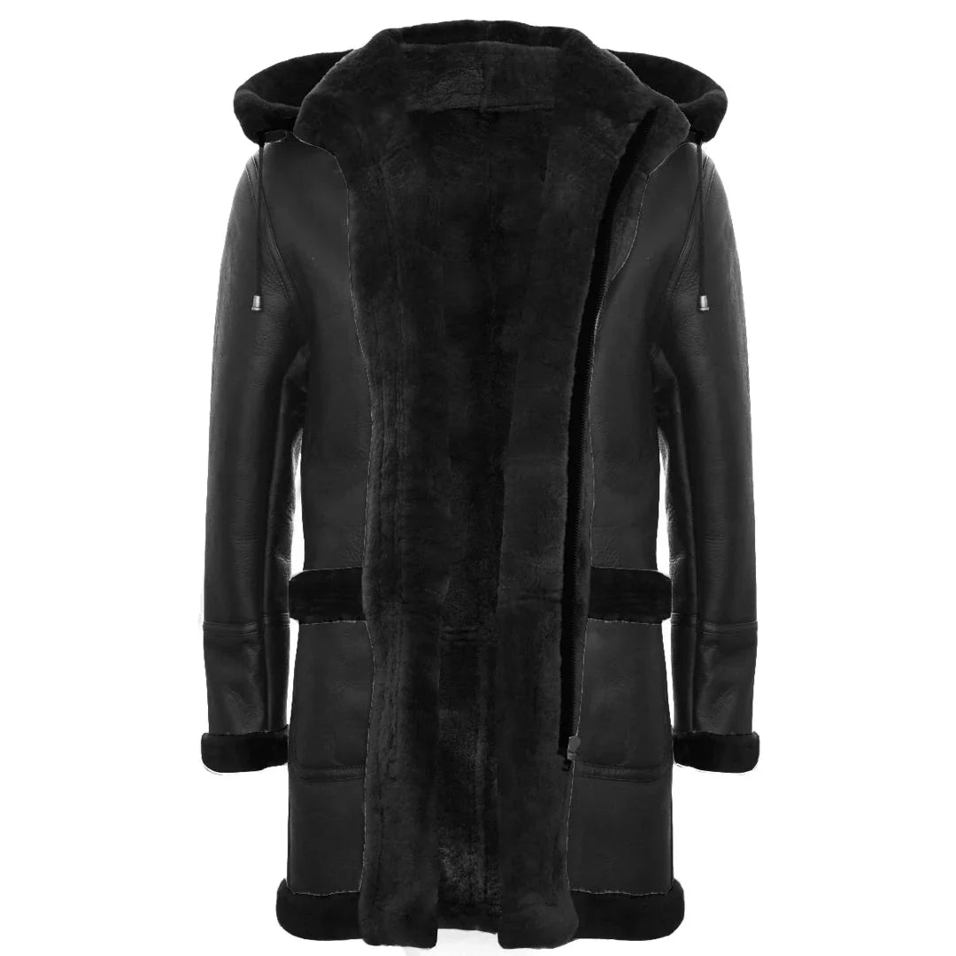 Abrigo de piel de oveja para hombre, estilo duffle, de la Segunda Guerra Mundial, con capucha de cuero de 3/4.