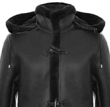 Abrigo de piel de oveja para hombre, estilo duffle, de la Segunda Guerra Mundial, con capucha de cuero de 3/4.