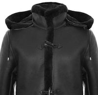 Abrigo de piel de oveja para hombre, estilo duffle, de la Segunda Guerra Mundial, con capucha de cuero de 3/4.