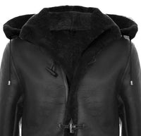 Abrigo de piel de oveja para hombre, estilo duffle, de la Segunda Guerra Mundial, con capucha de cuero de 3/4.