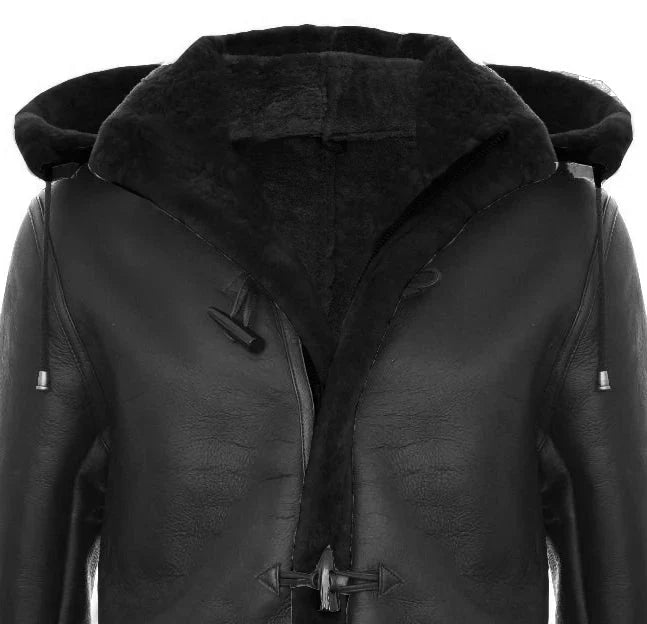 Abrigo de piel de oveja para hombre, estilo duffle, de la Segunda Guerra Mundial, con capucha de cuero de 3/4.