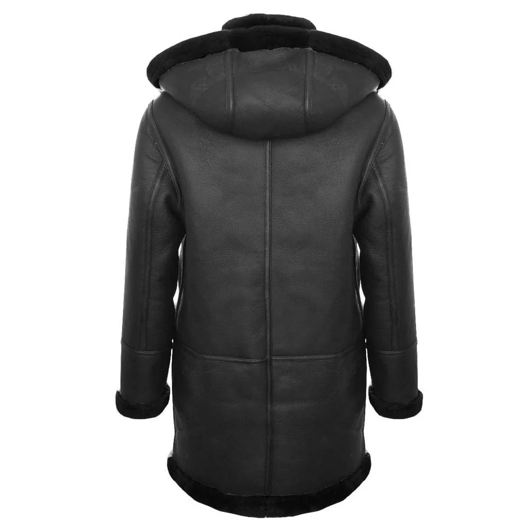 Abrigo de piel de oveja para hombre, estilo duffle, de la Segunda Guerra Mundial, con capucha de cuero de 3/4.