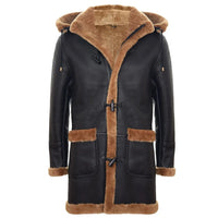 Abrigo de hombre de piel de oveja, estilo duffle, de la Segunda Guerra Mundial, para invierno en el Reino Unido, con capucha de 3/4, color marrón jengibre.