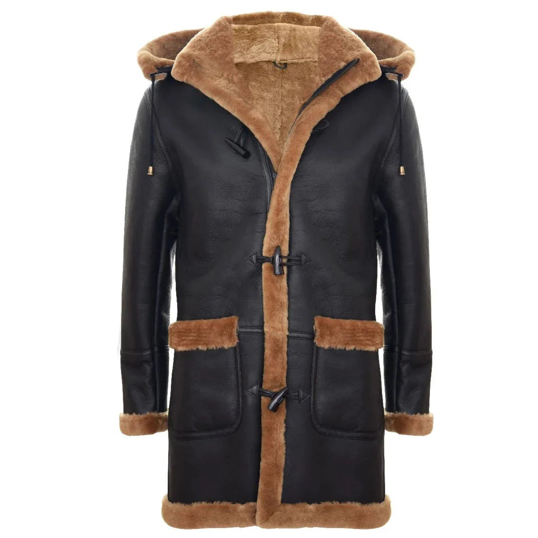 Abrigo de hombre de piel de oveja, estilo duffle, de la Segunda Guerra Mundial, para invierno en el Reino Unido, con capucha de 3/4, color marrón jengibre.