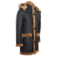 Abrigo de hombre de piel de oveja, estilo duffle, de la Segunda Guerra Mundial, para invierno en el Reino Unido, con capucha de 3/4, color marrón jengibre.