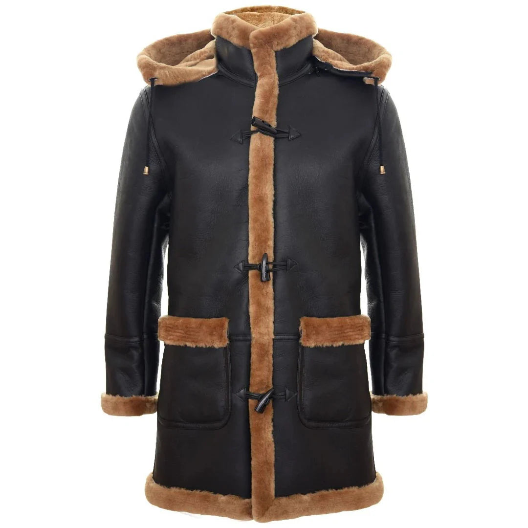 Abrigo de hombre de piel de oveja, estilo duffle, de la Segunda Guerra Mundial, para invierno en el Reino Unido, con capucha de 3/4, color marrón jengibre.