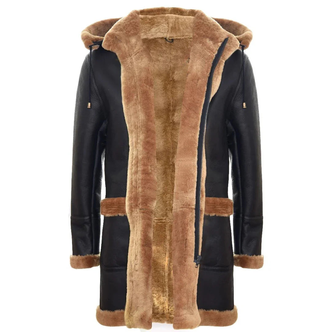 Abrigo de hombre de piel de oveja, estilo duffle, de la Segunda Guerra Mundial, para invierno en el Reino Unido, con capucha de 3/4, color marrón jengibre.