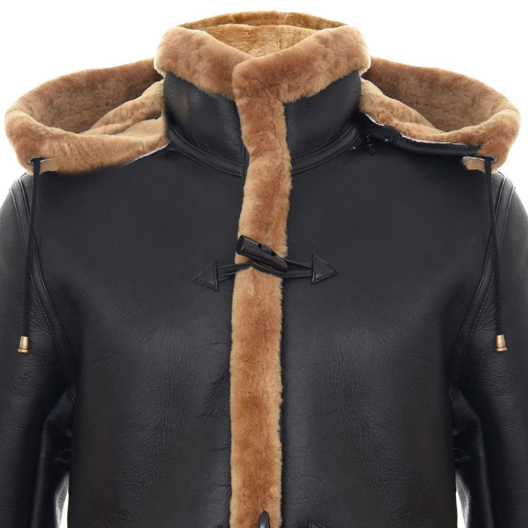 Abrigo de hombre de piel de oveja, estilo duffle, de la Segunda Guerra Mundial, para invierno en el Reino Unido, con capucha de 3/4, color marrón jengibre.