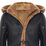 Abrigo de hombre de piel de oveja, estilo duffle, de la Segunda Guerra Mundial, para invierno en el Reino Unido, con capucha de 3/4, color marrón jengibre.