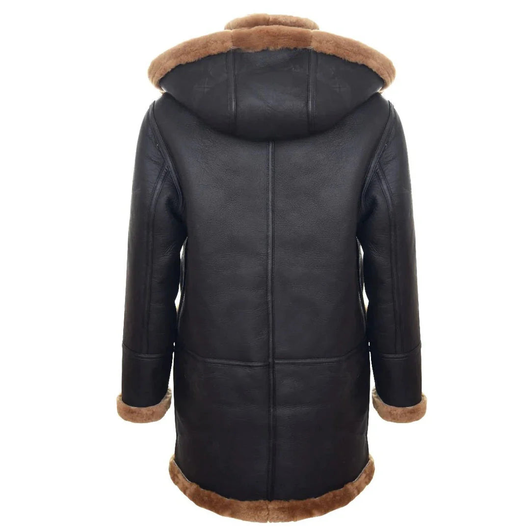 Abrigo de hombre de piel de oveja, estilo duffle, de la Segunda Guerra Mundial, para invierno en el Reino Unido, con capucha de 3/4, color marrón jengibre.