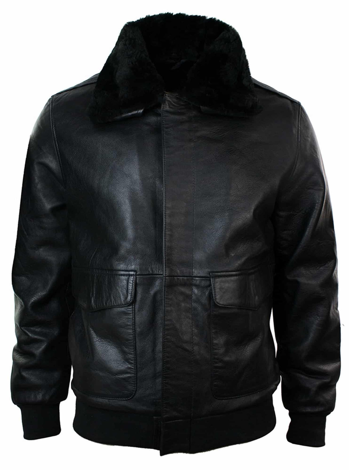 Chaqueta bomber de cuero para hombre con cuello de piel auténtica, color negro y marrón.