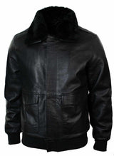 Chaqueta bomber de cuero para hombre con cuello de piel auténtica, color negro y marrón.