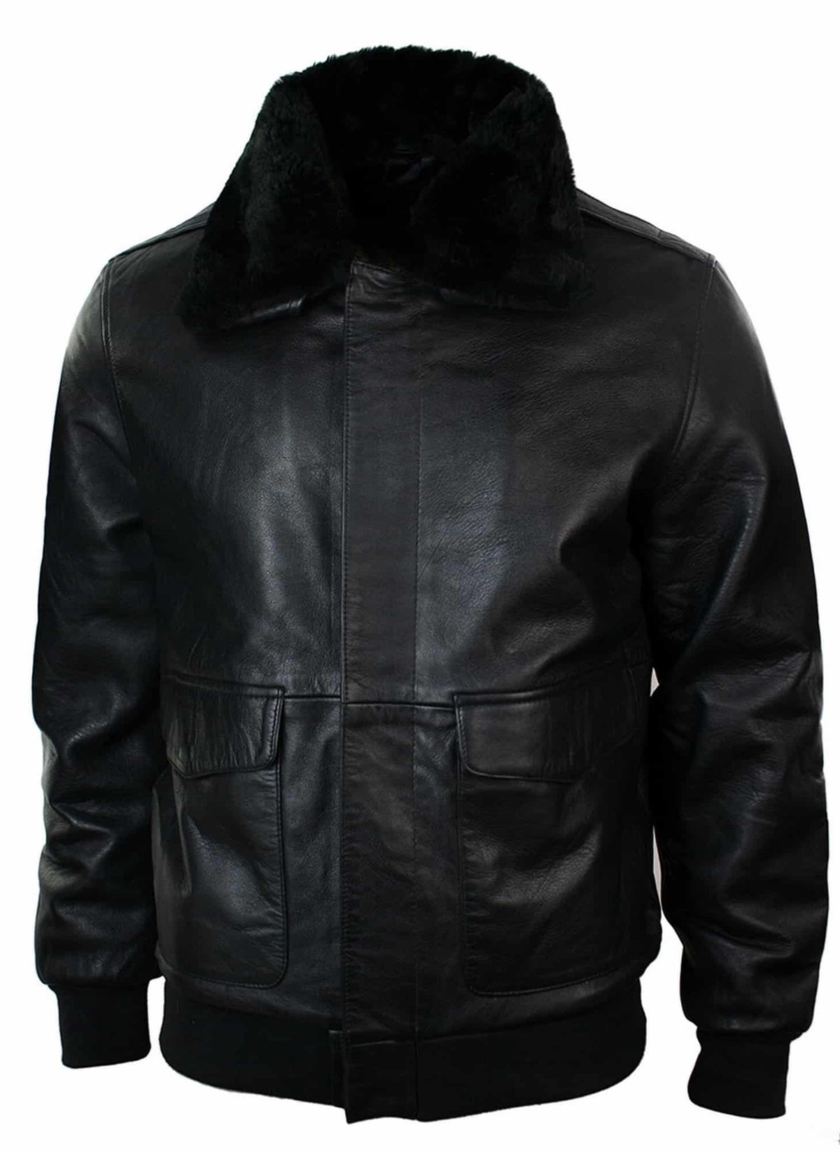Chaqueta bomber de cuero para hombre con cuello de piel auténtica, color negro y marrón.