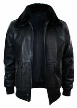 Chaqueta bomber de cuero para hombre con cuello de piel auténtica, color negro y marrón.