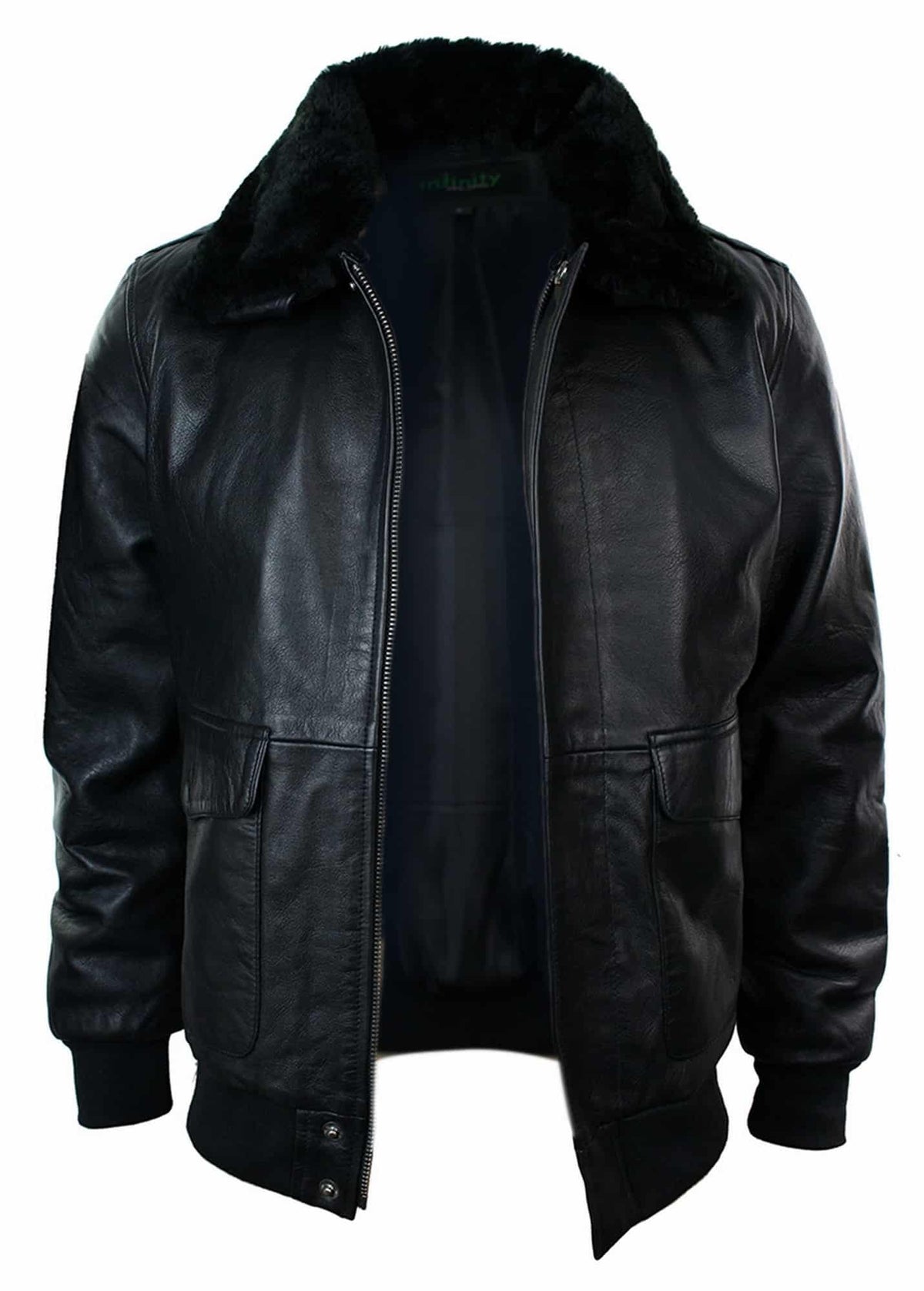 Chaqueta bomber de cuero para hombre con cuello de piel auténtica, color negro y marrón.