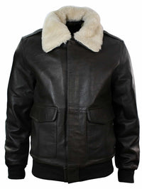 Chaqueta bomber de aviador de cuero para hombre con cuello de piel auténtica, color negro y marrón.
