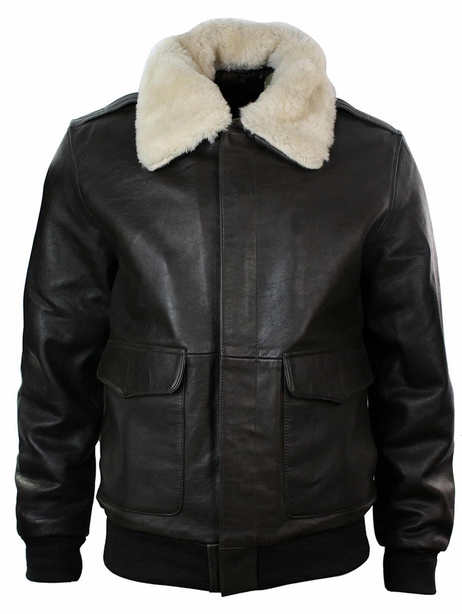 Chaqueta bomber de aviador de cuero para hombre con cuello de piel auténtica, color negro y marrón.