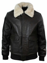 Chaqueta bomber de aviador de cuero para hombre con cuello de piel auténtica, color negro y marrón.