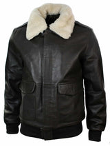 Chaqueta bomber de aviador de cuero para hombre con cuello de piel auténtica, color negro y marrón.