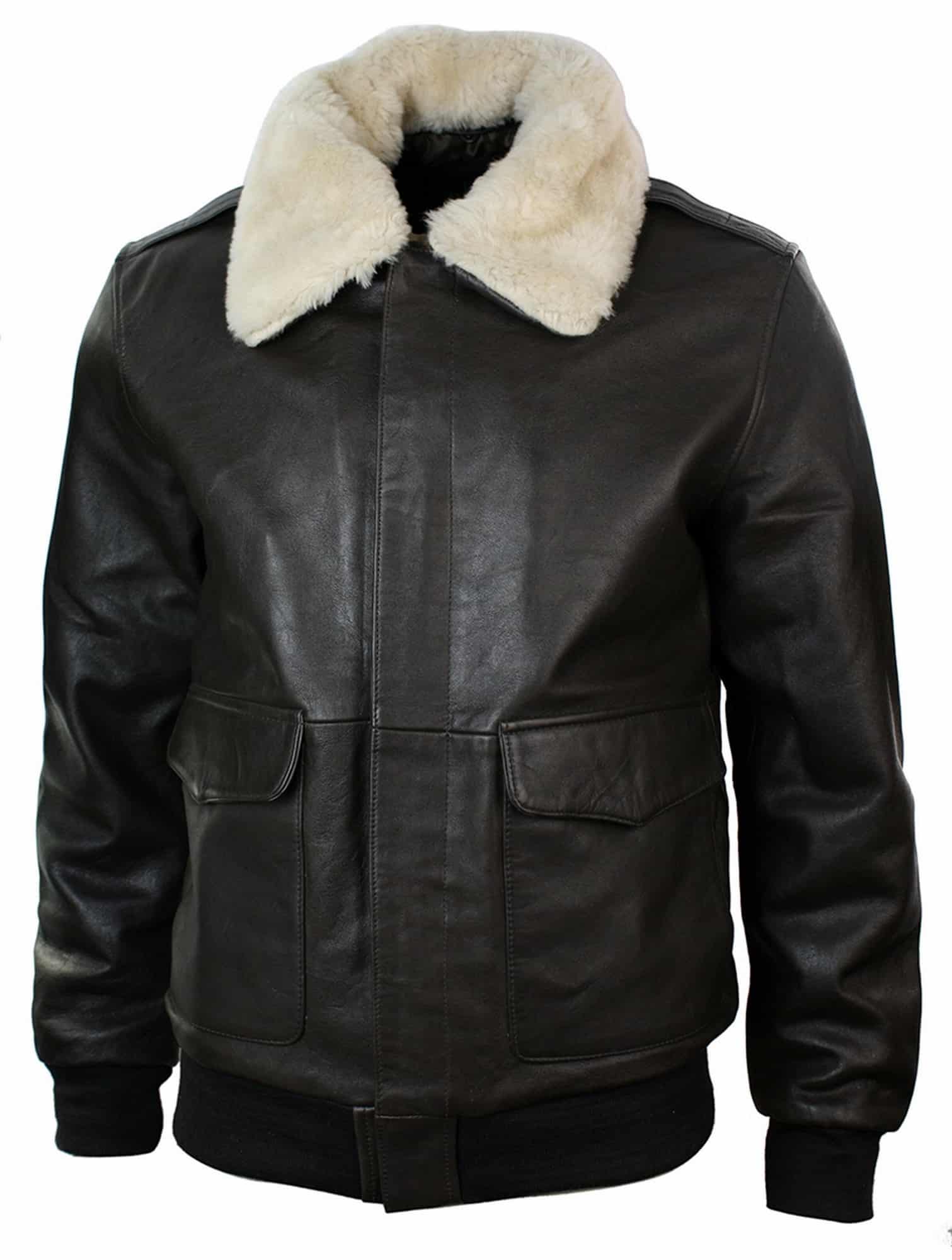 Chaqueta bomber de aviador de cuero para hombre con cuello de piel auténtica, color negro y marrón.