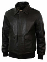 Chaqueta bomber de aviador de cuero para hombre con cuello de piel auténtica, color negro y marrón.