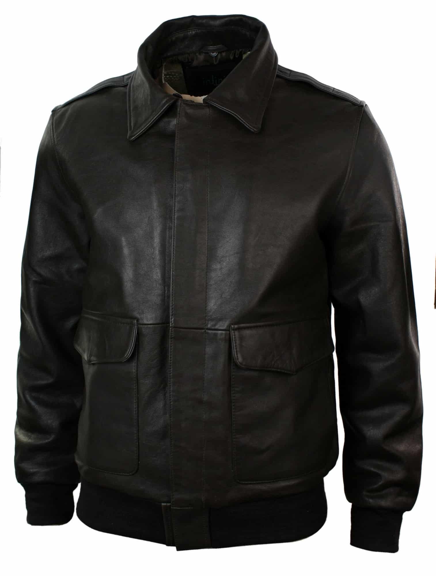Chaqueta bomber de aviador de cuero para hombre con cuello de piel auténtica, color negro y marrón.