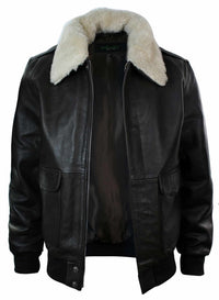 Chaqueta bomber de aviador de cuero para hombre con cuello de piel auténtica, color negro y marrón.