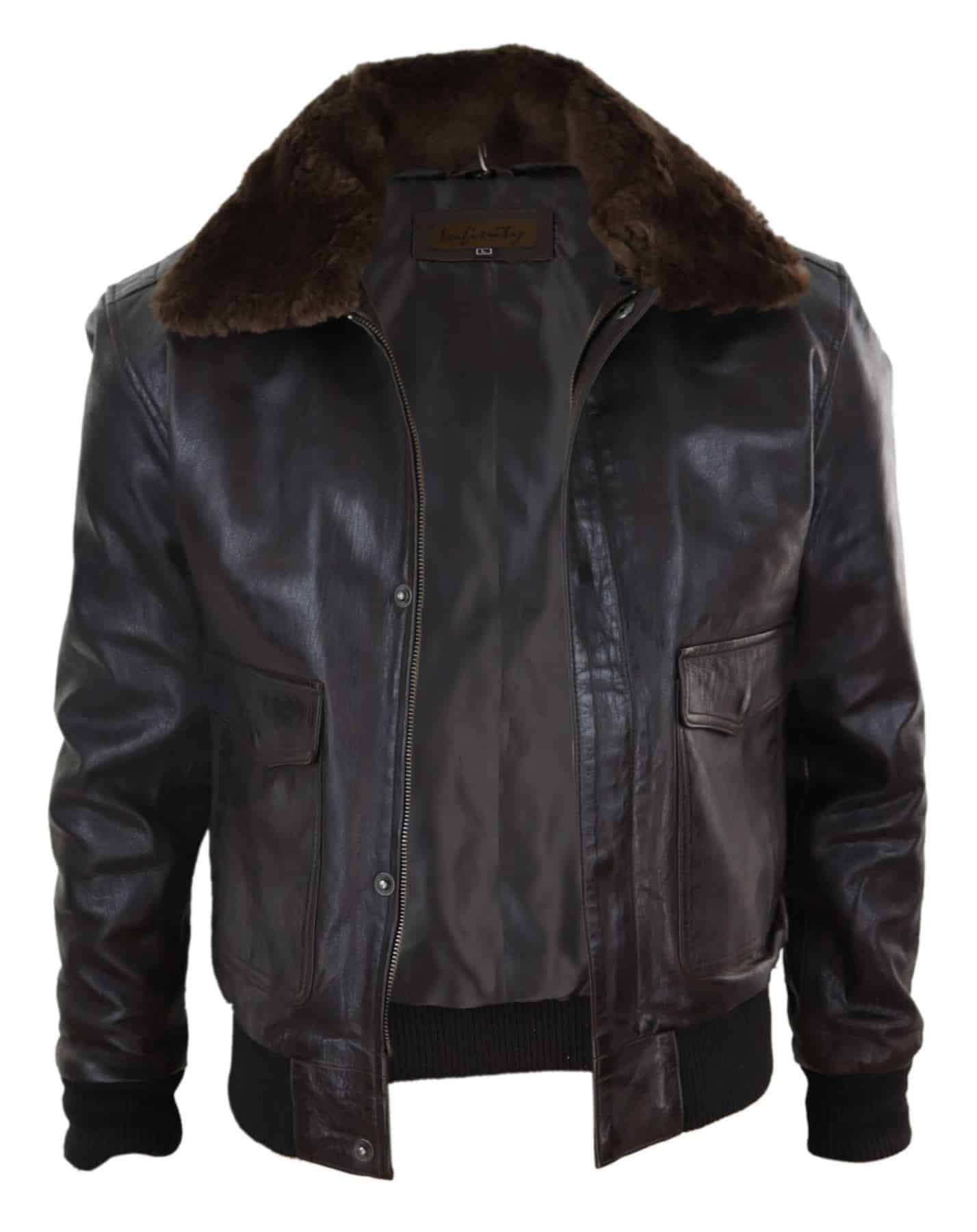 Chaqueta bomber de cuero marrón para hombre