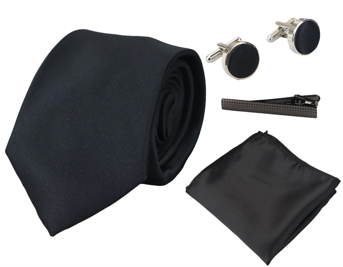 Conjunto de regalo de corbata negra de seda satinada con pañuelo de bolsillo, gemelos y corbata de satén brillante.