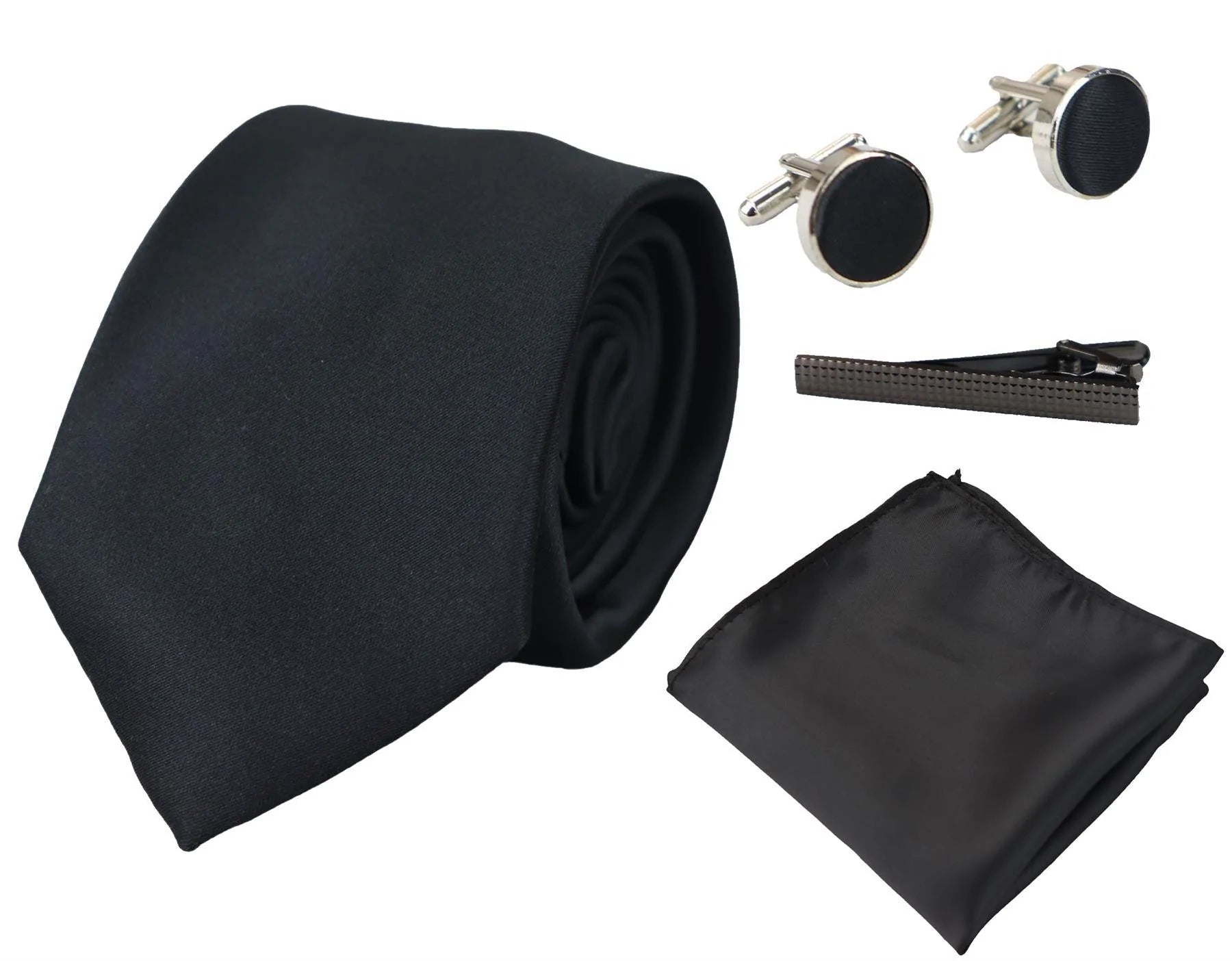Conjunto de regalo de corbata negra de seda satinada con pañuelo de bolsillo, gemelos y corbata de satén brillante.