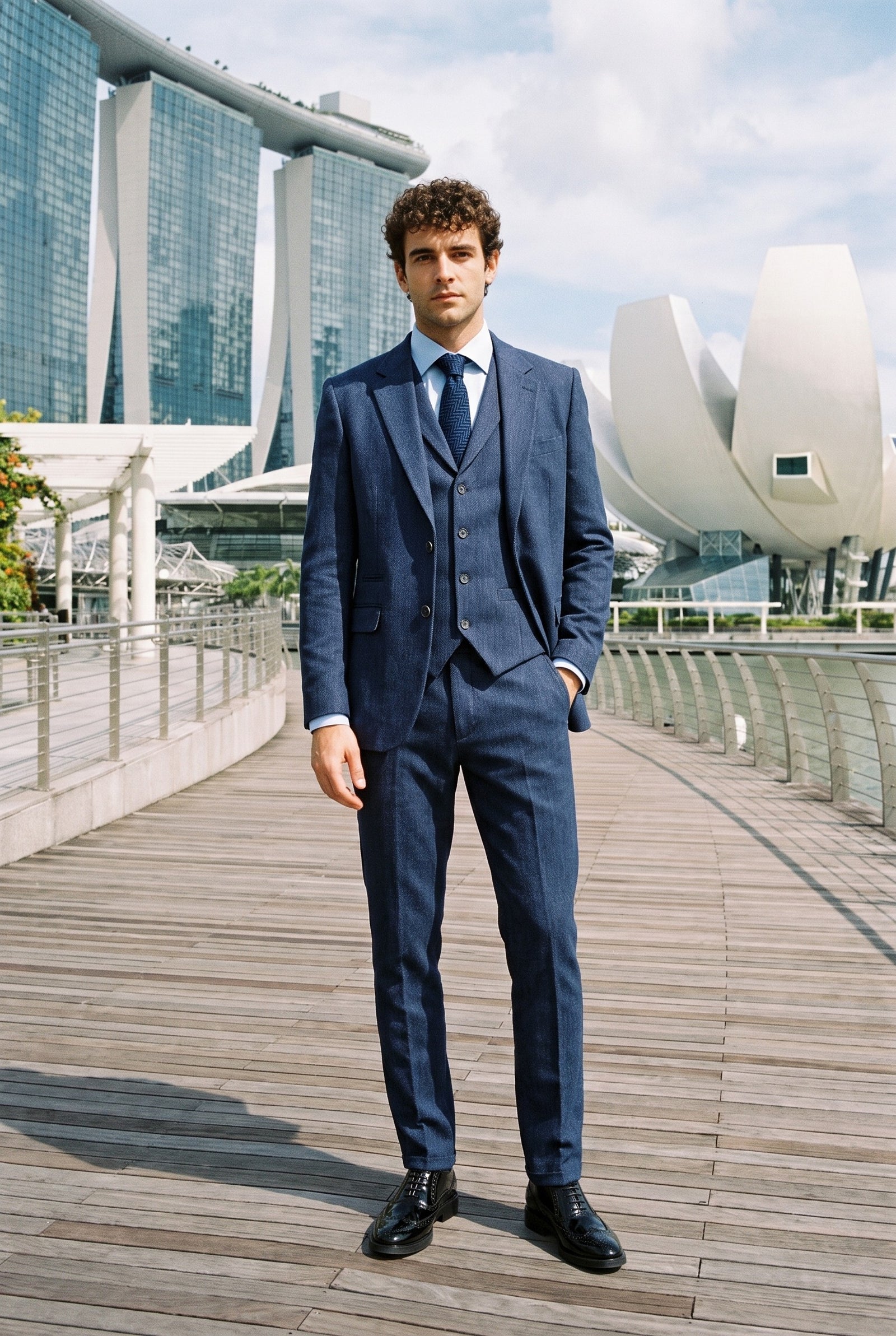Look #989 styled with Traje de tres piezas para hombre de tweed azul marino con estampado de espiga.