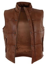 Chaleco de cuero auténtico para hombre, acolchado, con cremallera, estilo casual, color tostado.