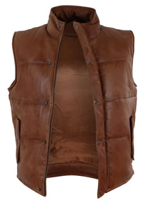 Chaleco de cuero auténtico para hombre, acolchado, con cremallera, estilo casual, color tostado.